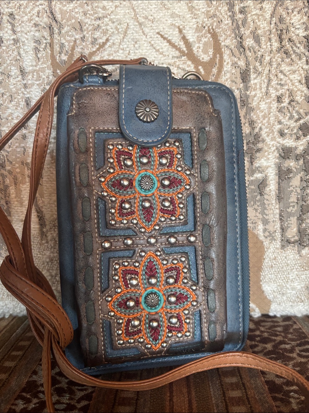 Blue and Brown Floral Embroidered Crossbody Wallet
